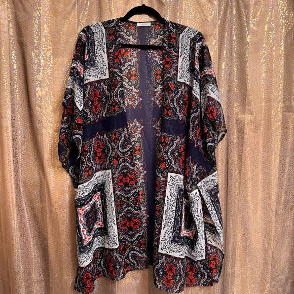 Maurices Red Navy Blue White Print Sheer Lightweight Boho Kimono L/XL - Picture 1 of 8
